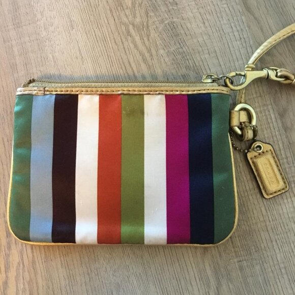 Coach Julia Legacy Satin Striped Multicolor Signature Wristlet Leather Trim - Picture 2 of 8